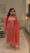 Load image into Gallery viewer, Salmon pink  silk suit with embroidered sequin work and chiffon duppata and silk trouser