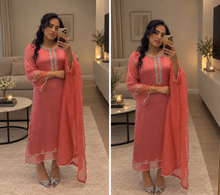 Load image into Gallery viewer, Salmon pink  silk suit with embroidered sequin work and chiffon duppata and silk trouser