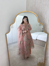 Load image into Gallery viewer, Pink organza embroidered and embellished suit with wide leg trouser and duppata