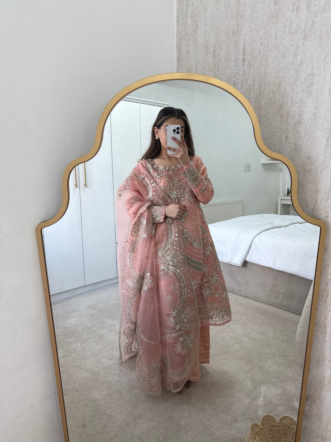 Pink organza embroidered and embellished suit with wide leg trouser and duppata