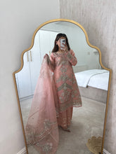 Load image into Gallery viewer, Pink organza embroidered and embellished suit with wide leg trouser and duppata