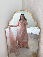 Load image into Gallery viewer, Pink organza embroidered and embellished suit with wide leg trouser and duppata