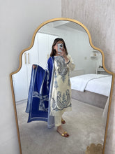Load image into Gallery viewer, Dhanak blue and cream suit with wool shawl