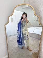 Load image into Gallery viewer, Dhanak blue and cream suit with wool shawl