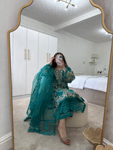 Load image into Gallery viewer, Green organza embroidered shirt with organza duppata and cotton silk trouser.