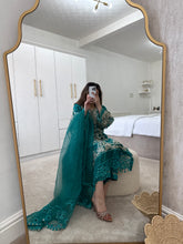 Load image into Gallery viewer, Green organza embroidered shirt with organza duppata and cotton silk trouser.