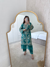 Load image into Gallery viewer, Green organza embroidered shirt with organza duppata and cotton silk trouser.