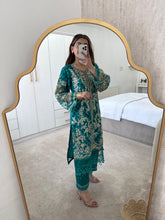 Load image into Gallery viewer, Green organza embroidered shirt with organza duppata and cotton silk trouser.