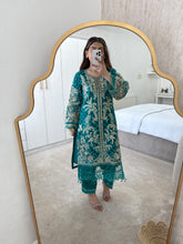 Load image into Gallery viewer, Green organza embroidered shirt with organza duppata and cotton silk trouser.