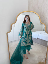 Load image into Gallery viewer, Green organza embroidered shirt with organza duppata and cotton silk trouser.
