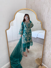 Load image into Gallery viewer, Green organza embroidered shirt with organza duppata and cotton silk trouser.