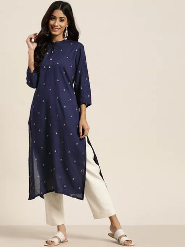 Pure Cotton Navy Blue & Golden Ethnic Motifs Printed Kurta 2 Piece (2-5 weeks delivery)