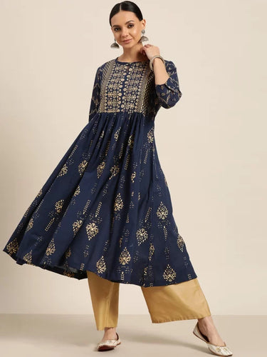 Navy Blue & Beige Ethnic Motifs Printed Keyhole Neck Kurta & Trouser(2-5 weeks delivery)