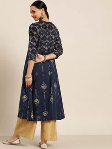 Navy Blue & Beige Ethnic Motifs Printed Keyhole Neck Kurta & Trouser(2-5 weeks delivery)