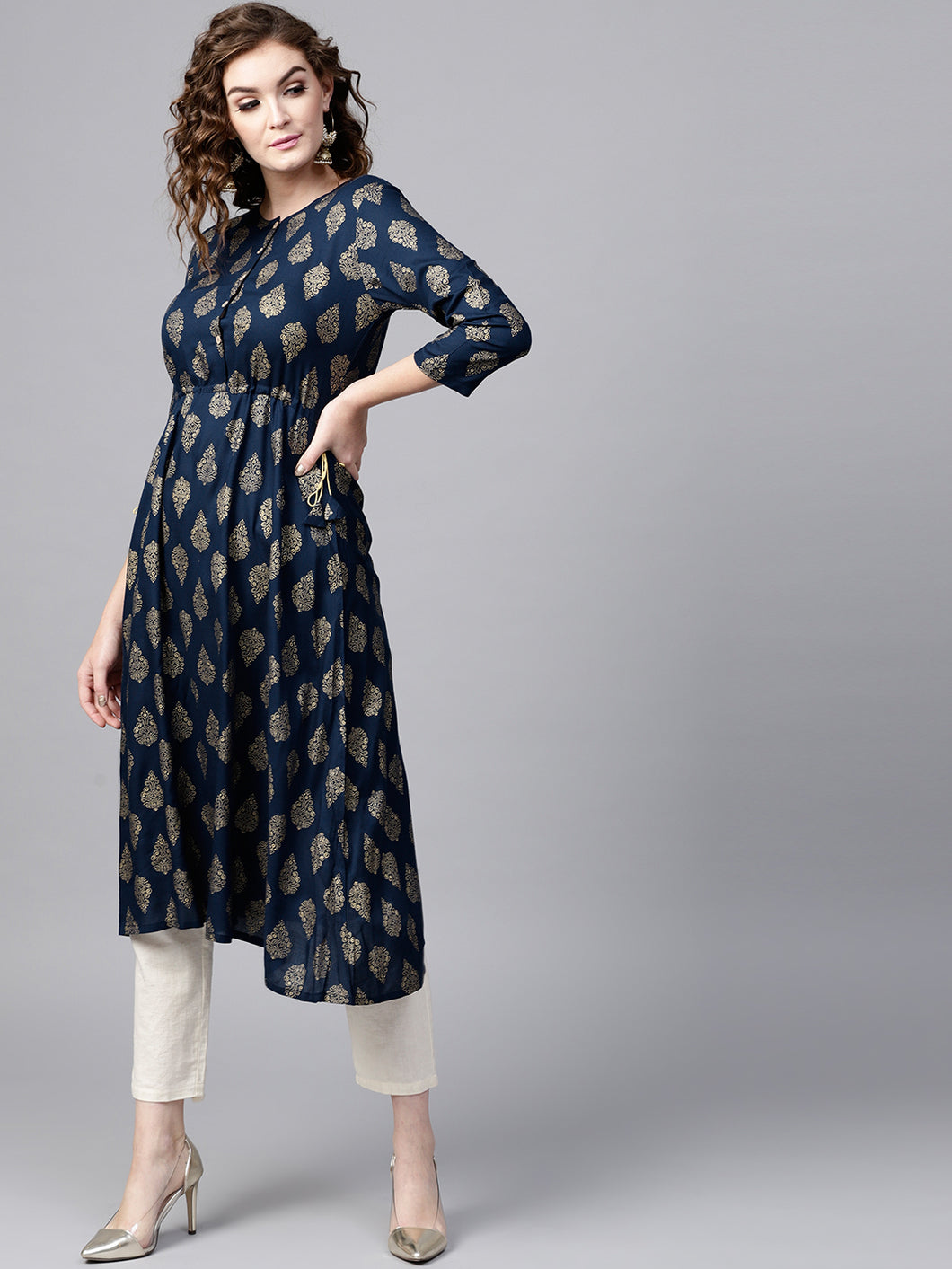 Blue Gold Printed Frock & White Trouser (PREORDER 2-4 WEEKS DELIVERY)