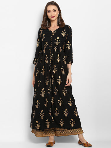 Women Black & Gold-Toned Printed Kurta with Trouser (PREORDER 2-4 WEEKS DELIVERY)