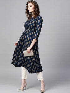 Blue Gold Printed Frock & White Trouser (PREORDER 2-4 WEEKS DELIVERY)