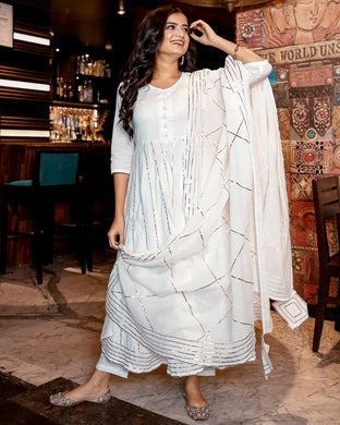 White Gota Anarkali Kurta And Pants With Dupatta- Set Of Three (PREORDER 2-4 WEEKS DELIVERY)